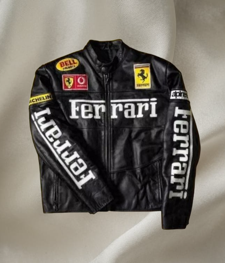 Ferrari racing fully embroidered jacket in black leather.