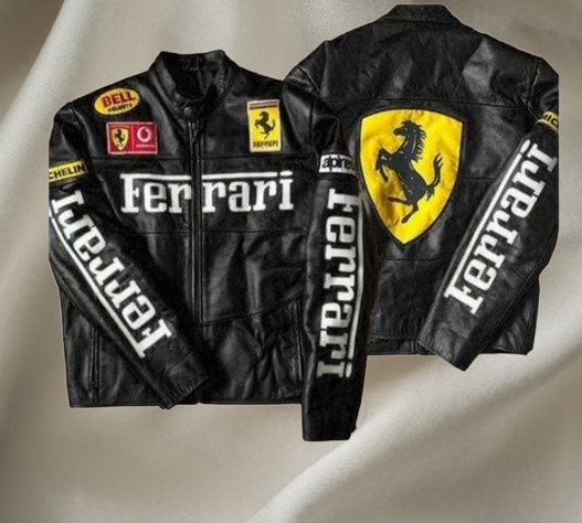 Ferrari racing fully embroidered jacket in black leather.