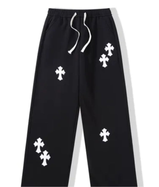 Black Jogger Pants with White Gothic Cross Patches.