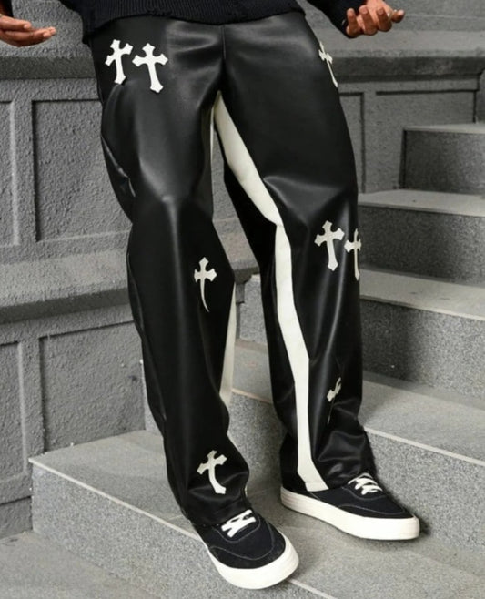 Black Jogger Pants with White Gothic Cross Patches